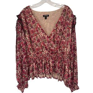 Express Floral Print Surplice Blouse  Smocked Waist  Ruffled Cuffs size XL